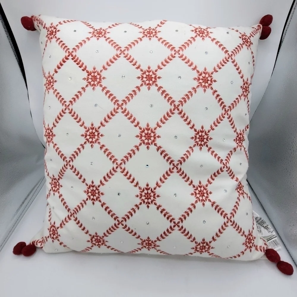 Enchanté Accessories White Red Embroidered Snowflakes Rhinestones Pompom Pillow